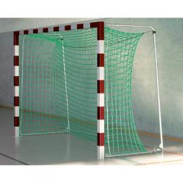 Sport-Thieme Handballtor in Bodenhülsen stehend mit patentierter Eckverbindung, Rot-Silber, Mit anklappbaren Netzbügeln