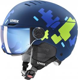 uvex Rocket Jr. Visor Kinderskihelm (51-55 cm, 80 blue puzzle matt, Scheibe: mirror blue (S2))